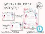 TEMPLETT  
 Babyparty Baby Shower Einladung Vorlage herunterladen Florale Schmetterling Baby Mädchen Einladungen Set Druckbare Einladungen Heimdruck Einfache florale Boho Karten8