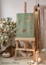 TABLE PLANS AND WEDDING WELCOME SIGNS plexi gold / velvet Acrylic Sage Green & Gold Wedding Welcome Sign, Painted Acrylic & gold Wedding Welcome Sign, Greenery Gold Plexi Wedding Welcome Sign,  Luxury Wedding Wedding Welcome Sign, Tuscany Wedding Signage Golden mirror Wedding Welcome Sign17