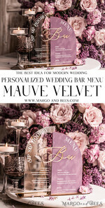 TABLE DECOR SIGNS Velvet table Numbers and Decor Mauve Velvet Bar Menu, Acrylic Half Arch Table List of drinks, Acrylic Dusty Rose Drinks combo, Purple Golden Velvet Table Sign with stand MvS20