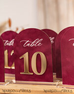 TABLE DECOR SIGNS Velvet table Numbers and Decor Luxury Velvet Arched Table numbers with Acrylic stand,  Beige Velvet and Gold Acryl Wedding Table Decor, 3D Golden Letters Arched Table Numbers, Wedding Signage24