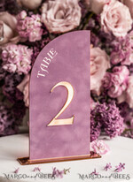 TABLE DECOR SIGNS Velvet table Numbers and Decor Mauve Velvet Table Number, Gold Acrylic Half Arch Table Sign, Dusty Rose Velvet Wedding Table Number with stand, Gold Plexi  Purple Table numbers MvS12