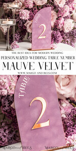 TABLE DECOR SIGNS Velvet table Numbers and Decor Mauve Velvet Table Number, Gold Acrylic Half Arch Table Sign, Dusty Rose Velvet Wedding Table Number with stand, Gold Plexi  Purple Table numbers MvS12