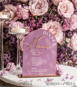 TABLE DECOR SIGNS Velvet table Numbers and Decor Acrylic & Velvet Arch Dinner Menu, gold Plexi Mauve Wedding Menu Sign with Stand, Dusty Rose Plexi Table Dinner Menu Luxury Purple Wedding Table Decor10