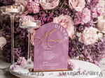 TABLE DECOR SIGNS Velvet table Numbers and Decor Acrylic & Velvet Arch Dinner Menu, gold Plexi Mauve Wedding Menu Sign with Stand, Dusty Rose Plexi Table Dinner Menu Luxury Purple Wedding Table Decor10