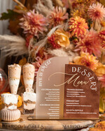 TISCHDEKORATIONSCHILDER   Samt Tischnummern und Dekoration Acrylbogen Dessertmenü, Terracotta gefrorenes Acryl Gold Candy Bar Schild, Herbstgold Plexi Tisch Dessertmenü Kombination Luxus Hochzeits Tischdekoration, Hochzeitsbeschilderung Goldenes Spiegel Candy Bar Menü16