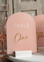 TABLE DECOR SIGNS Velvet table Numbers and Decor Pink Acrylic Table Numbers, Arched Table Numbers With Stand, Blush Pink And Gold Wedding Table Decor, 3D Golden Lettering Table Numbers,  Blush Wedding Signage,10