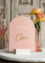 TABLE DECOR SIGNS Velvet table Numbers and Decor Pink Acrylic Table Numbers, Arched Table Numbers With Stand, Blush Pink And Gold Wedding Table Decor, 3D Golden Lettering Table Numbers,  Blush Wedding Signage,10
