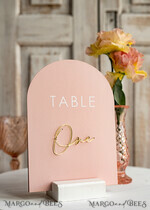TABLE DECOR SIGNS Velvet table Numbers and Decor Pink Acrylic Table Numbers, Arched Table Numbers With Stand, Blush Pink And Gold Wedding Table Decor, 3D Golden Lettering Table Numbers,  Blush Wedding Signage,10