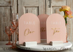 TABLE DECOR SIGNS Velvet table Numbers and Decor Pink Acrylic Table Numbers, Arched Table Numbers With Stand, Blush Pink And Gold Wedding Table Decor, 3D Golden Lettering Table Numbers,  Blush Wedding Signage,10