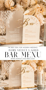 TISCHDEKORATIONSCHILDER   Samt Tischnummern und Dekoration Acrylbogen-Bar-Menü-Kombination, Frosted Plexiglas Gold-Ivory-Velours-Getränke-Bar-Menü-Schild mit Ständer, Beige Plexi-Tisch-Bar-Menü-Kombination Luxus-Hochzeits-Tischdeko, Hochzeitsschild Ecru Getränke-Bar-Menü11