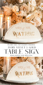 TABLE DECOR SIGNS Velvet table Numbers and Decor Golden Acrylic Top Table Mr Mrs signs with stand, Ivory Velvet & gold Table Sign, Golden Plexi Top Table Mr Mrs signs, Luxury Wedding Table Decor Centerpieces19