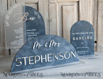 TABLE DECOR SIGNS Velvet table Numbers and Decor dusty Blue Wedding Top Table Signs SET, Acrylic Arch Velvet Bar Menu sign, Drink Bar menu Top Table sign,  Gold Plexi Glass Top Table sign, Elegant Luxury Wedding Table Decor, Boho Glam Wedding Signage Silver mirror Top Table sign14
