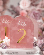 TABLE DECOR SIGNS Velvet table Numbers and Decor Arch Table Number, Luxury Blush Pink Velvet Arched Table numbers with acrylic stand, blush pink and Gold Wedding Table Decor, 3D Golden Letters, Wedding signage12