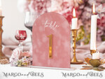 TABLE DECOR SIGNS Velvet table Numbers and Decor Arch Table Number, Luxury Blush Pink Velvet Arched Table numbers with acrylic stand, blush pink and Gold Wedding Table Decor, 3D Golden Letters, Wedding signage12