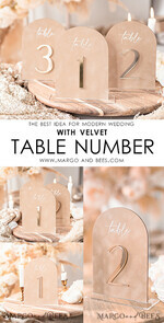 TABLE DECOR SIGNS Velvet table Numbers and Decor Luxury Velvet Arched Table numbers with Acrylic stand,  Beige Velvet and Gold Acryl Wedding Table Decor, 3D Golden Letters Arched Table Numbers, Wedding Signage11