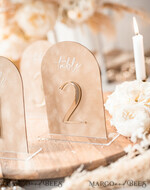 TABLE DECOR SIGNS Velvet table Numbers and Decor Luxury Velvet Arched Table numbers with Acrylic stand,  Beige Velvet and Gold Acryl Wedding Table Decor, 3D Golden Letters Arched Table Numbers, Wedding Signage11