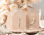 TABLE DECOR SIGNS Velvet table Numbers and Decor Luxury Velvet Arched Table numbers with Acrylic stand,  Beige Velvet and Gold Acryl Wedding Table Decor, 3D Golden Letters Arched Table Numbers, Wedding Signage11