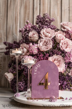 TABLE DECOR SIGNS Velvet table Numbers and Decor Mauve Acrylic Arch Table Number, Dusty Rose Velvet Table Sign, Gold Plexi Velvet Table Numbers in Dusty Blue, Purple Wedding Table Number with stand 15