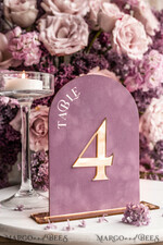 TABLE DECOR SIGNS Velvet table Numbers and Decor Mauve Acrylic Arch Table Number, Dusty Rose Velvet Table Sign, Gold Plexi Velvet Table Numbers in Dusty Blue, Purple Wedding Table Number with stand 15