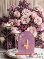 TABLE DECOR SIGNS Velvet table Numbers and Decor Mauve Acrylic Arch Table Number, Dusty Rose Velvet Table Sign, Gold Plexi Velvet Table Numbers in Dusty Blue, Purple Wedding Table Number with stand 15