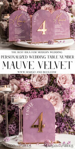 TABLE DECOR SIGNS Velvet table Numbers and Decor Mauve Acrylic Arch Table Number, Dusty Rose Velvet Table Sign, Gold Plexi Velvet Table Numbers in Dusty Blue, Purple Wedding Table Number with stand 15
