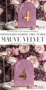 TABLE DECOR SIGNS Velvet table Numbers and Decor Mauve Acrylic Arch Table Number, Dusty Rose Velvet Table Sign, Gold Plexi Velvet Table Numbers in Dusty Blue, Purple Wedding Table Number with stand 15
