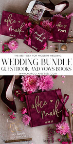 HOCHZEITS-GÄSTEBÜCHER Bundle Gustbooks & Vows Set Personalisierte Hochzeits-Maronne Gästebuch & maßgeschneiderte Hochzeitsburgunder Samt-Eheversprechen Set von zwei - Bundle Gold Gästebuch und Eheversprechen Bücher24