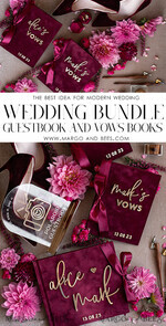 HOCHZEITS-GÄSTEBÜCHER Bundle Gustbooks & Vows Set Personalisierte Hochzeits-Maronne Gästebuch & maßgeschneiderte Hochzeitsburgunder Samt-Eheversprechen Set von zwei - Bundle Gold Gästebuch und Eheversprechen Bücher24