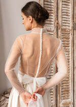 BRAUT Bolero, Kleider, Strumpfband SPITZEN HOCHZEITSBOLERO Elfenbein Tüll Hochzeitsbolero mit langen Ärmeln und Schleifen-Schal, Hochzeitskleid Topper, Braut-Überwurf, Netz-Bluse für die Braut, Braut-Tüll-Bluse, Kleid-Capellet.10