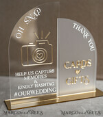 TABLE DECOR SIGNS Guestbook & Cards Gifts Signs Acrylic Arch Oh Snap & cards and gifts sign Combo, Clear gold Mirror  Wedding hashtag and Thank you Sign Bulk, Gold Plexi card box sign and Tag Us In That Set,  Wedding Table Decor Signage13