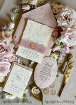 WEDDING INVITATIONS embossed invites Blush Pink Wedding Invitations – Embossed Floral Invitations with Chiffon Ribbon, Deckled Edges, Wax Seal33