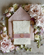 WEDDING INVITATIONS embossed invites Blush Pink Wedding Invitations – Embossed Floral Invitations with Chiffon Ribbon, Deckled Edges, Wax Seal33