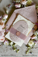 WEDDING INVITATIONS embossed invites Blush Pink Wedding Invitations – Embossed Floral Invitations with Chiffon Ribbon, Deckled Edges, Wax Seal33