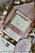 WEDDING INVITATIONS embossed invites Blush Pink Wedding Invitations – Embossed Floral Invitations with Chiffon Ribbon, Deckled Edges, Wax Seal33