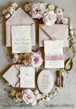 WEDDING INVITATIONS embossed invites Blush Pink Wedding Invitations – Embossed Floral Invitations with Chiffon Ribbon, Deckled Edges, Wax Seal33