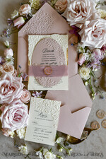 WEDDING INVITATIONS embossed invites Blush Pink Wedding Invitations – Embossed Floral Invitations with Chiffon Ribbon, Deckled Edges, Wax Seal33