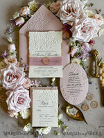 WEDDING INVITATIONS embossed invites Blush Pink Wedding Invitations – Embossed Floral Invitations with Chiffon Ribbon, Deckled Edges, Wax Seal33