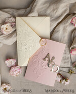 WEDDING INVITATIONS embossed invites Folder Embossed Ivory Gold Wedding Invitation, Golden deboss Roses Floral Wedding Invitation with mirror Monogram28