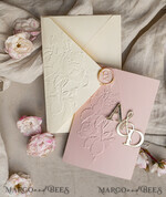 WEDDING INVITATIONS embossed invites Folder Embossed Ivory Gold Wedding Invitation, Golden deboss Roses Floral Wedding Invitation with mirror Monogram28