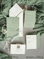 WEDDING INVITATIONS embossed invites  Bespoke Embossed Blind Sage green Gold Wedding Invitation, Golden greenery deboss  Floral Wedding Invitation, Modern Garden Debossed Invitation suite,  Cotton paper wedding invitation suite, Wedding Invitations golden23