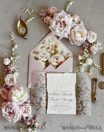 HOCHZEITS EINLADUNGEN geprägte Einladungen Rosafarbene Blumeneinladungen zur Hochzeit – Feine Kunsteinladungen mit Präge-Details, Blumeneinlagen für Umschläge48