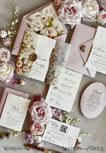 HOCHZEITS EINLADUNGEN geprägte Einladungen Rosafarbene Blumeneinladungen zur Hochzeit – Feine Kunsteinladungen mit Präge-Details, Blumeneinlagen für Umschläge48