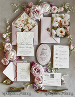HOCHZEITS EINLADUNGEN geprägte Einladungen Rosafarbene Blumeneinladungen zur Hochzeit – Feine Kunsteinladungen mit Präge-Details, Blumeneinlagen für Umschläge48