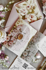 HOCHZEITS EINLADUNGEN geprägte Einladungen Rosafarbene Blumeneinladungen zur Hochzeit – Feine Kunsteinladungen mit Präge-Details, Blumeneinlagen für Umschläge48