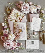 HOCHZEITS EINLADUNGEN geprägte Einladungen Rosafarbene Blumeneinladungen zur Hochzeit – Feine Kunsteinladungen mit Präge-Details, Blumeneinlagen für Umschläge48
