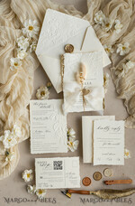 HOCHZEITS EINLADUNGEN geprägte Einladungen Feine Kunst geprägte Elfenbein-Gold-Hochzeitseinladung mit zerrissenem Chiffonband, goldgeprägte Rosenblüten-Hochzeitseinladung.15