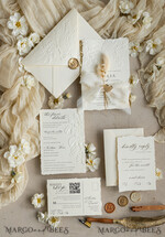 HOCHZEITS EINLADUNGEN geprägte Einladungen Feine Kunst geprägte Elfenbein-Gold-Hochzeitseinladung mit zerrissenem Chiffonband, goldgeprägte Rosenblüten-Hochzeitseinladung.15