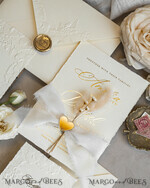 HOCHZEITS EINLADUNGEN geprägte Einladungen Feine Kunst geprägte blinde Elfenbein-Gold-Hochzeitskarte, goldene prägte florale Hochzeitskarte, Boho Ecru geprägte Einladungskollektion, Hochzeitseinladungskollektion aus Baumwollpapier mit Spiegelherz17