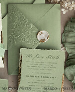 WEDDING INVITATIONS embossed invites  Bespoke Embossed Blind Sage green Gold Wedding Invitation, Golden greenery deboss Roses Floral Wedding Invitation, Boho Ecru Garden Debossed Invitation suite,  Cotton paper wedding invitation suite, Deckled Edge Invites, Torn Edge Wedding Invitations golden33