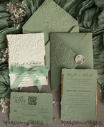 WEDDING INVITATIONS embossed invites  Bespoke Embossed Blind Sage green Gold Wedding Invitation, Golden greenery deboss Roses Floral Wedding Invitation, Boho Ecru Garden Debossed Invitation suite,  Cotton paper wedding invitation suite, Deckled Edge Invites, Torn Edge Wedding Invitations golden33